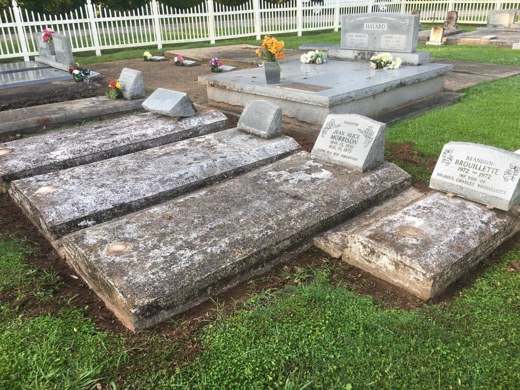 Before: Four family graves before cleaning, their concrete slabs dark with mildew and weathering.