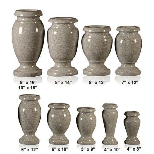 Ten gray granite vases arranged by size, labeled from 8 by 16 inches down to 4 by 8 inches.